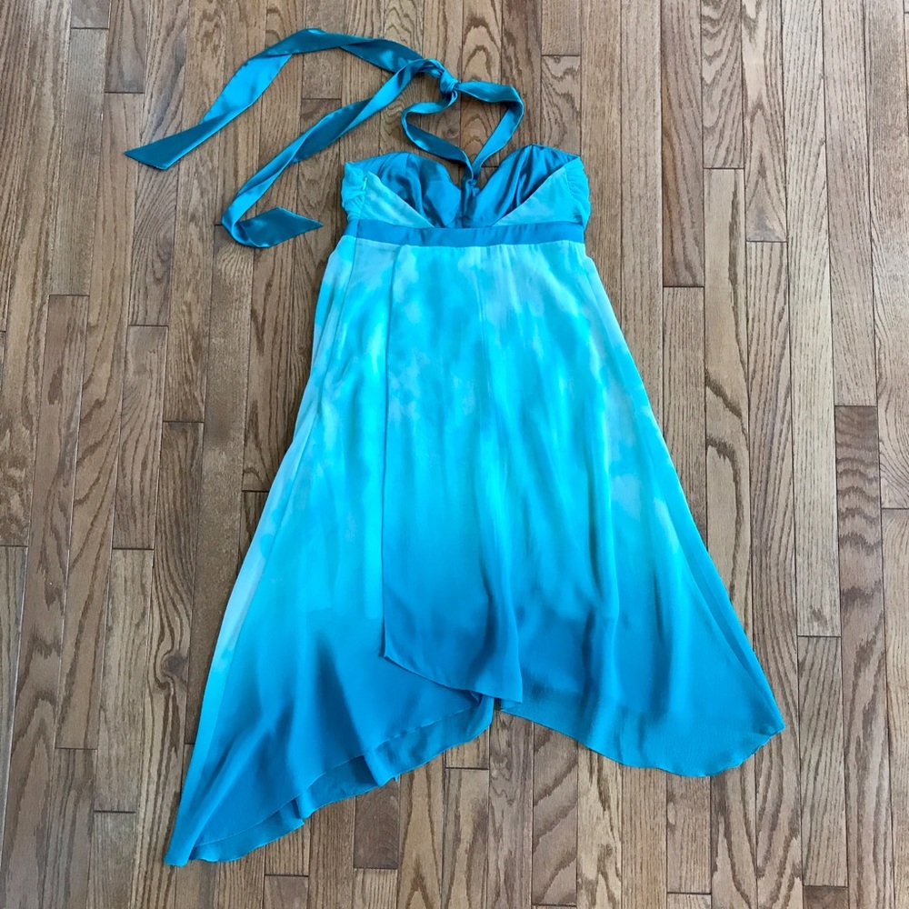 Bebe NWT 100% Silk Ombré Boho Asymmetric Midi Dress Blue Sz S - Picture 7 of 8